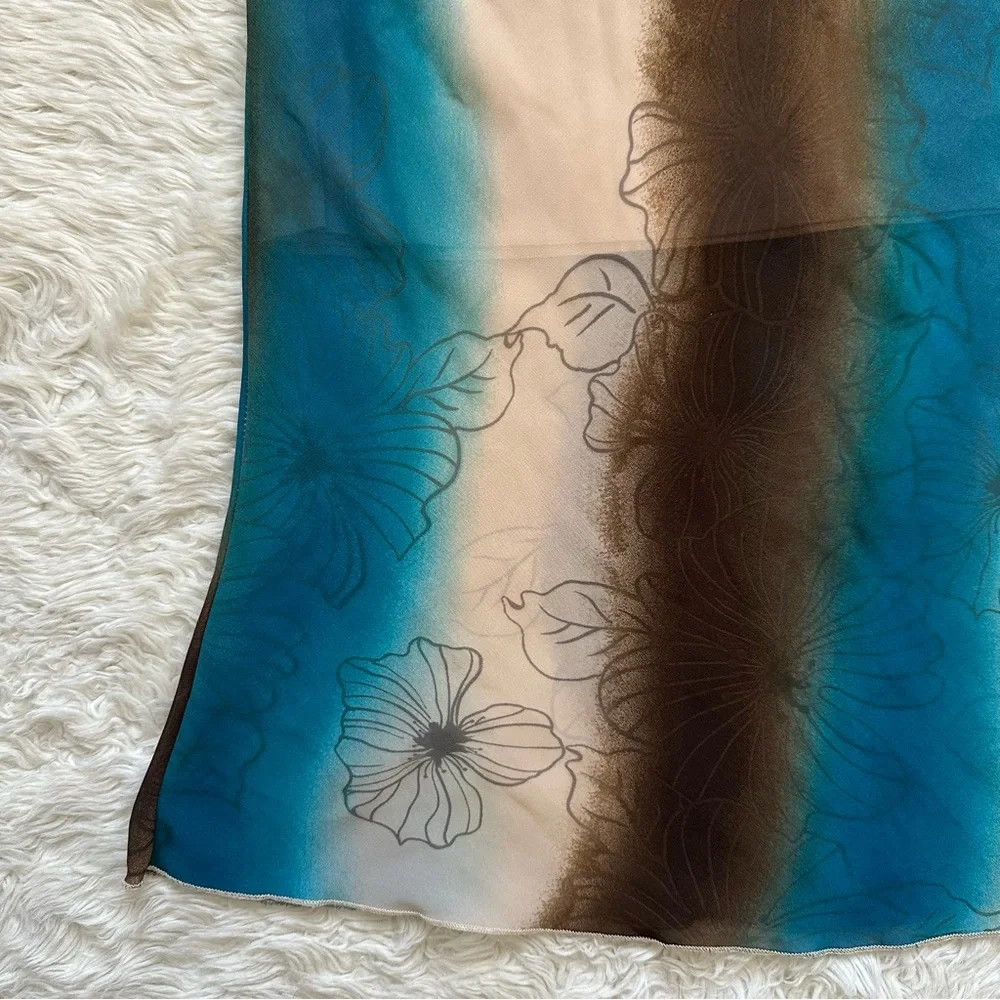 Vintage Fabiola USA Skirt Midi Y2K Pull On Sheer Floral Blue Brown Sz L - Picture 4 of 8
